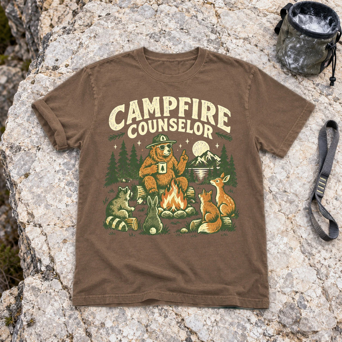 Campfire Counselor Graphic Tee on Espresso Premium Tee
