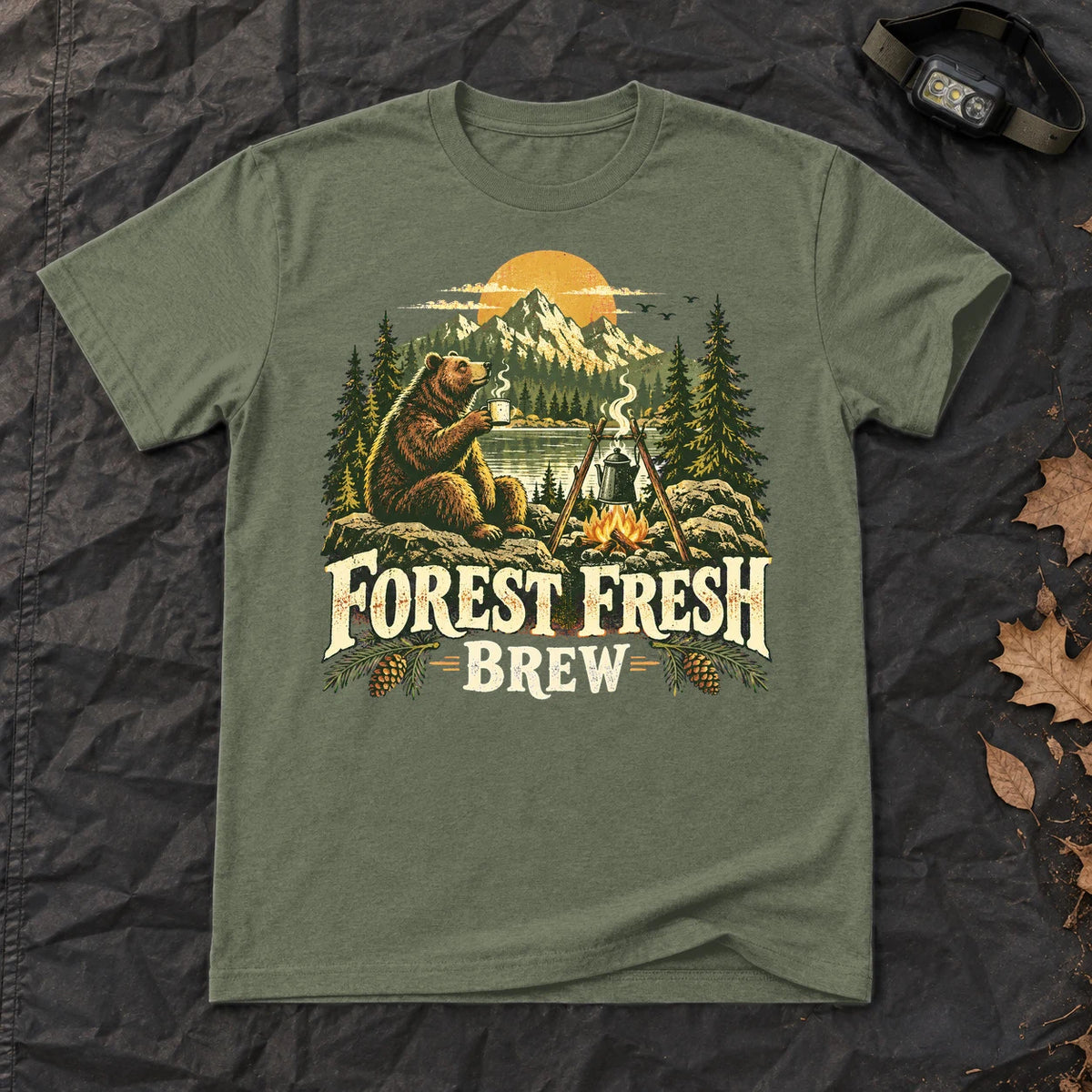 Forest Fresh Brew Bear Graphic Tee on Military Green Everyday Soft Tee