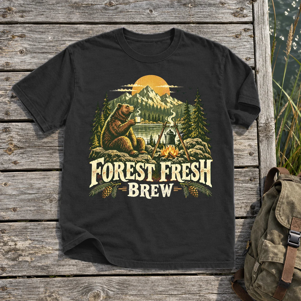 Forest Fresh Brew Bear Graphic Tee on Black Premium Tee
