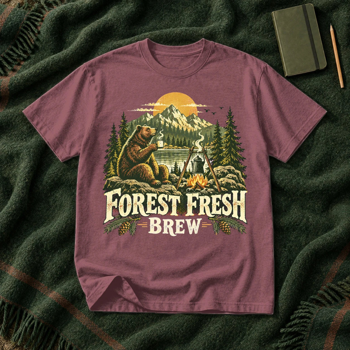 Forest Fresh Brew Bear Graphic Tee on Brick Premium Tee