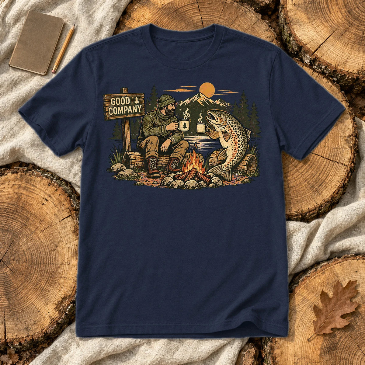 Good Company Trout Campfire Graphic Tee on Navy Everyday Soft Tee