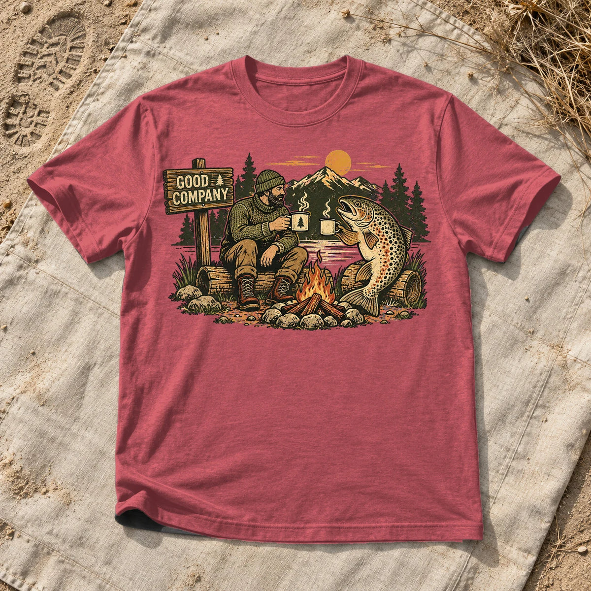 Good Company Trout Campfire Graphic Tee on Heather Red Everyday Soft Tee