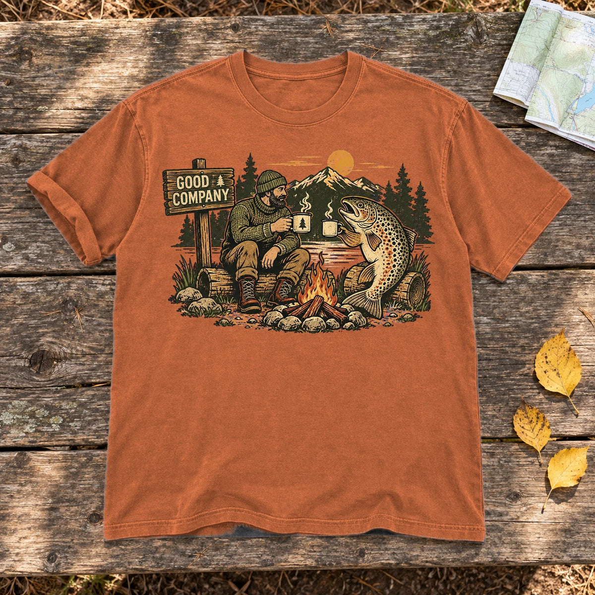 Good Company Trout Campfire Graphic Tee on Yam Premium Tee