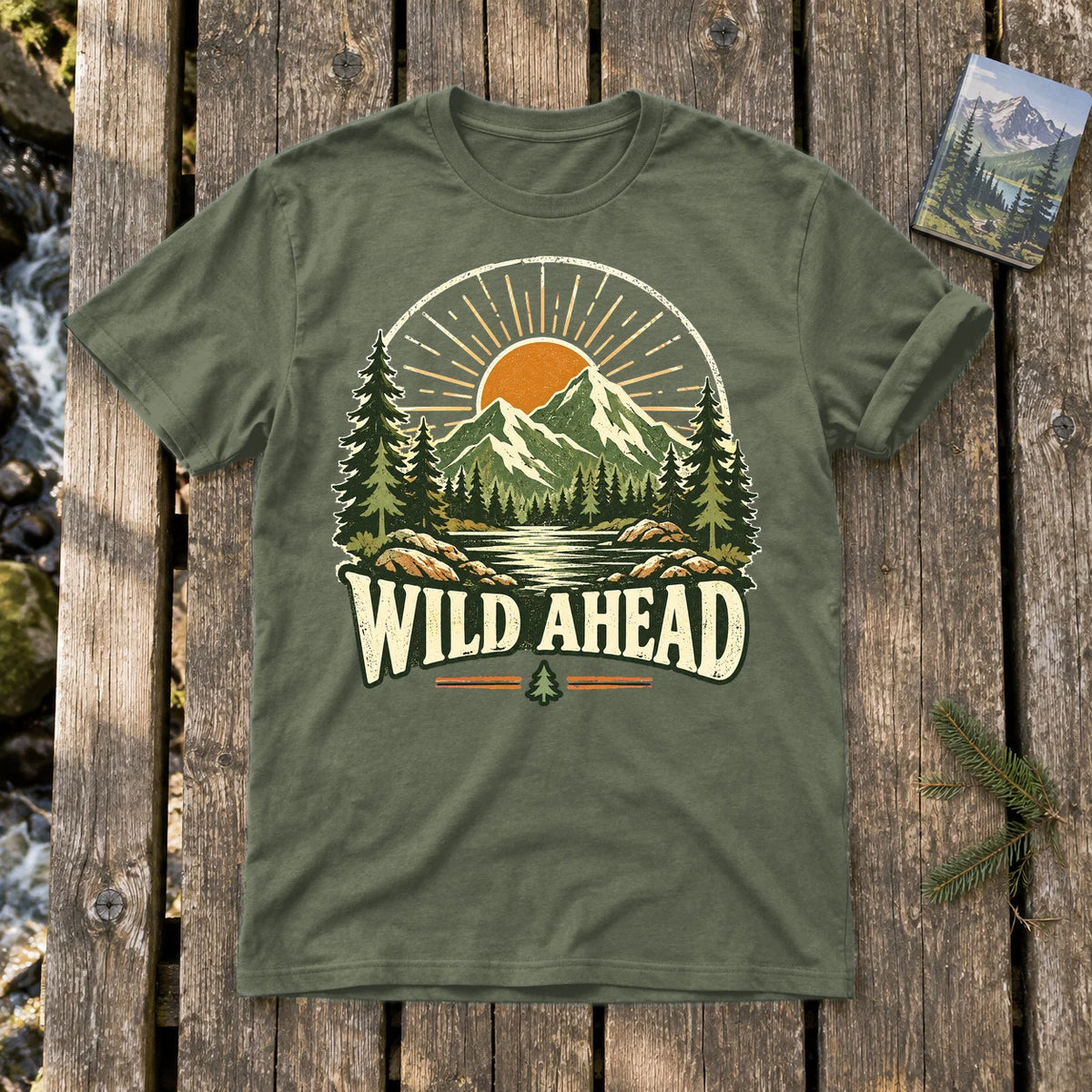 Wild Ahead Vintage Mountain Graphic Tee on Military Green Everyday Soft Tee