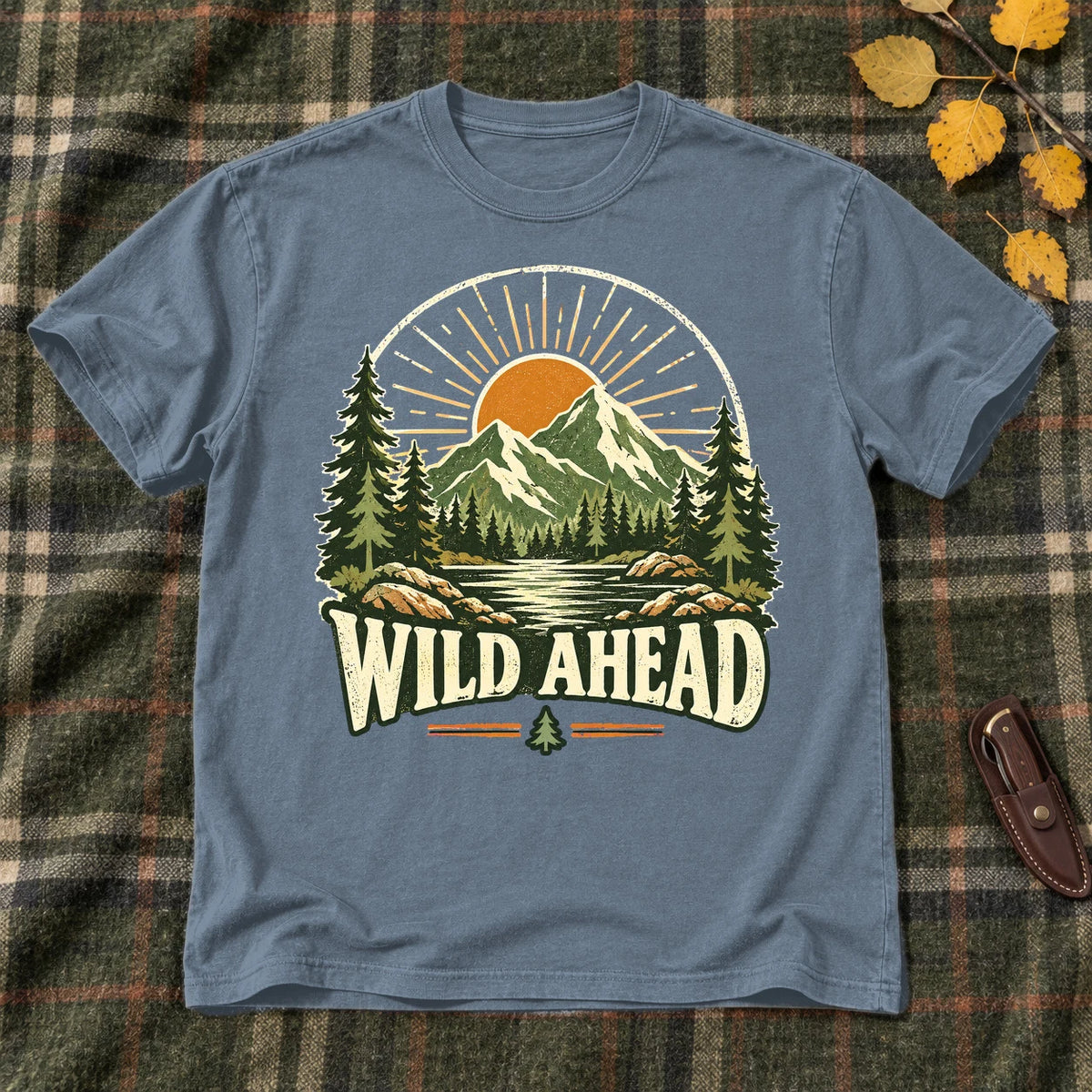 Wild Ahead Vintage Mountain Graphic Tee on Heather Indigo Everyday Soft Tee