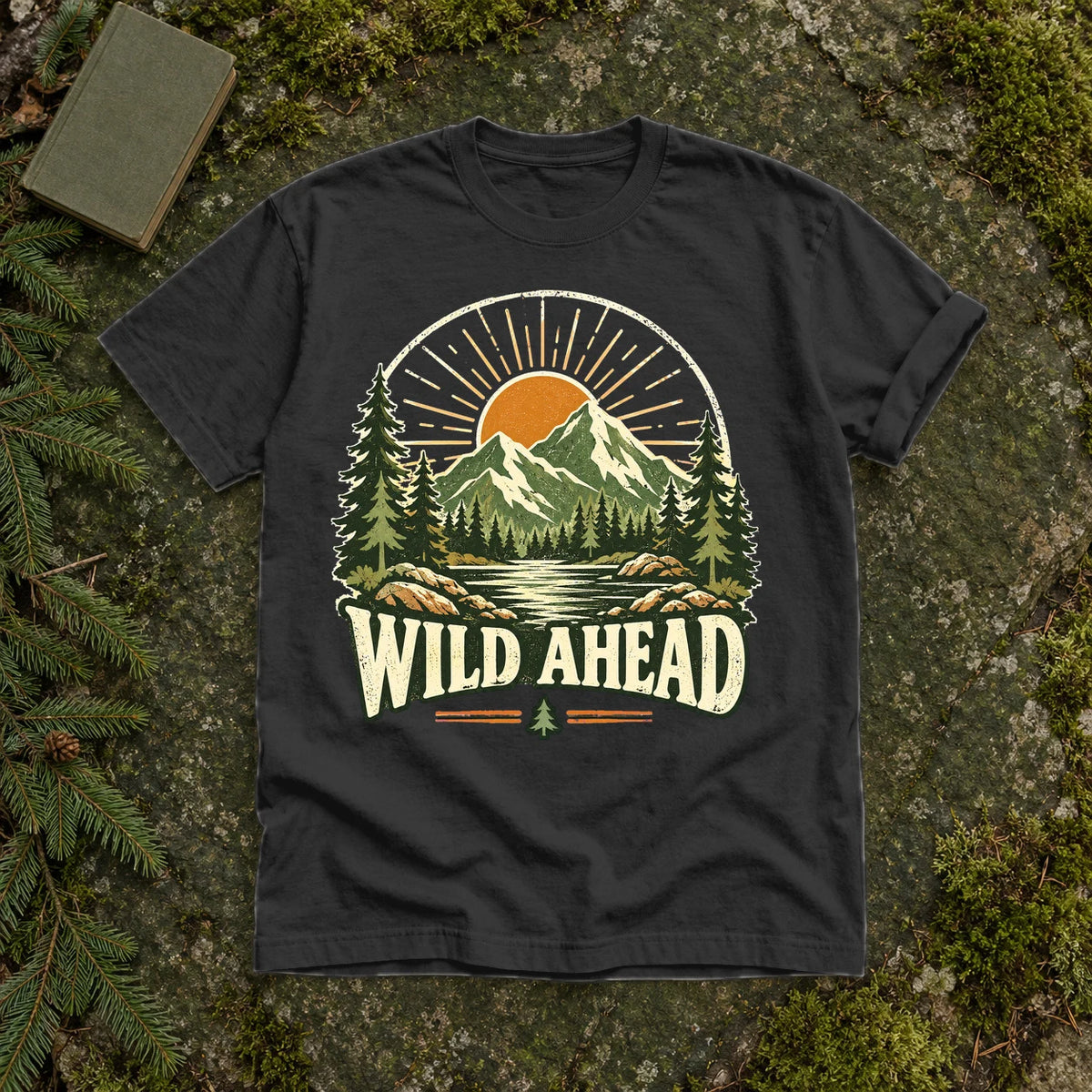 Wild Ahead Vintage Mountain Graphic Tee on Black Premium Tee
