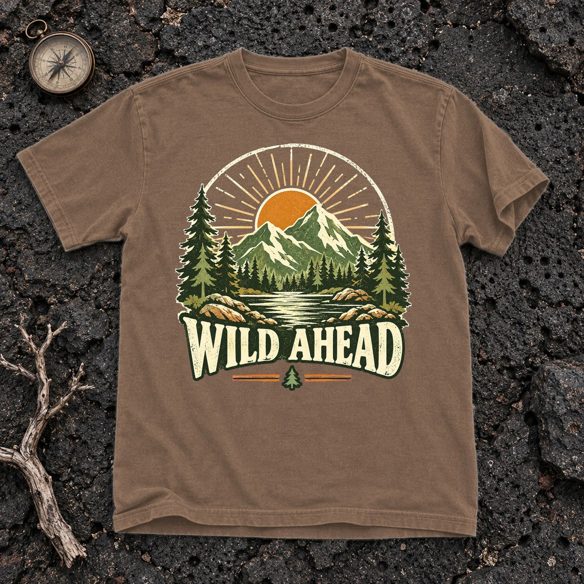 Wild Ahead Vintage Mountain Graphic Tee on Espresso Premium Tee