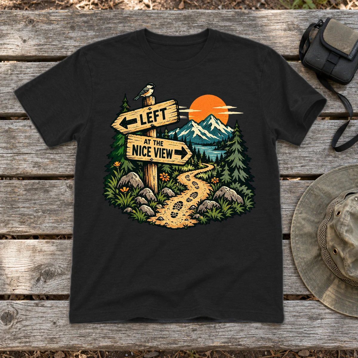 Left at the Nice View Trail Graphic Tee on Black Everyday Soft Tee