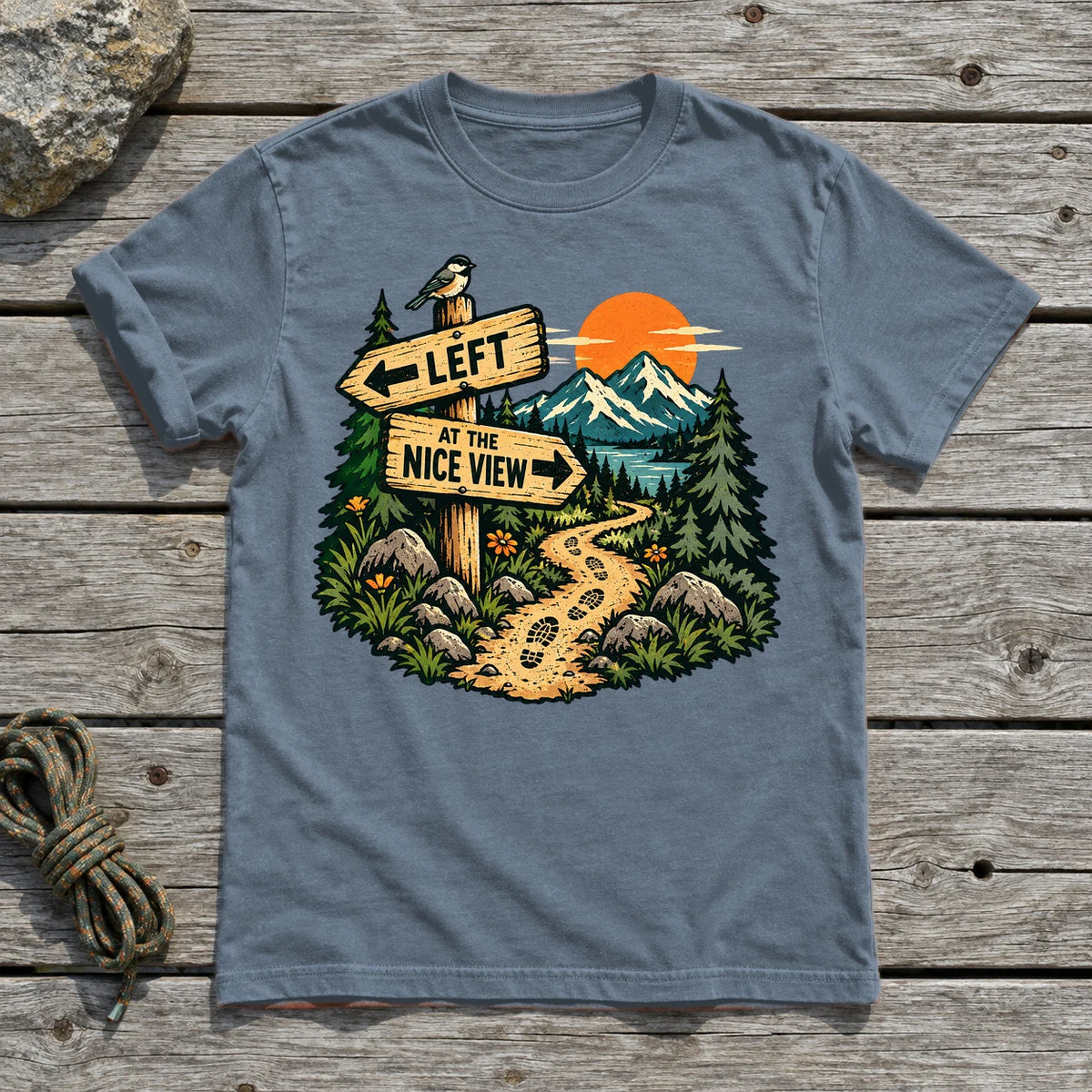 Left at the Nice View Trail Graphic Tee on Heather Indigo Everyday Soft Tee