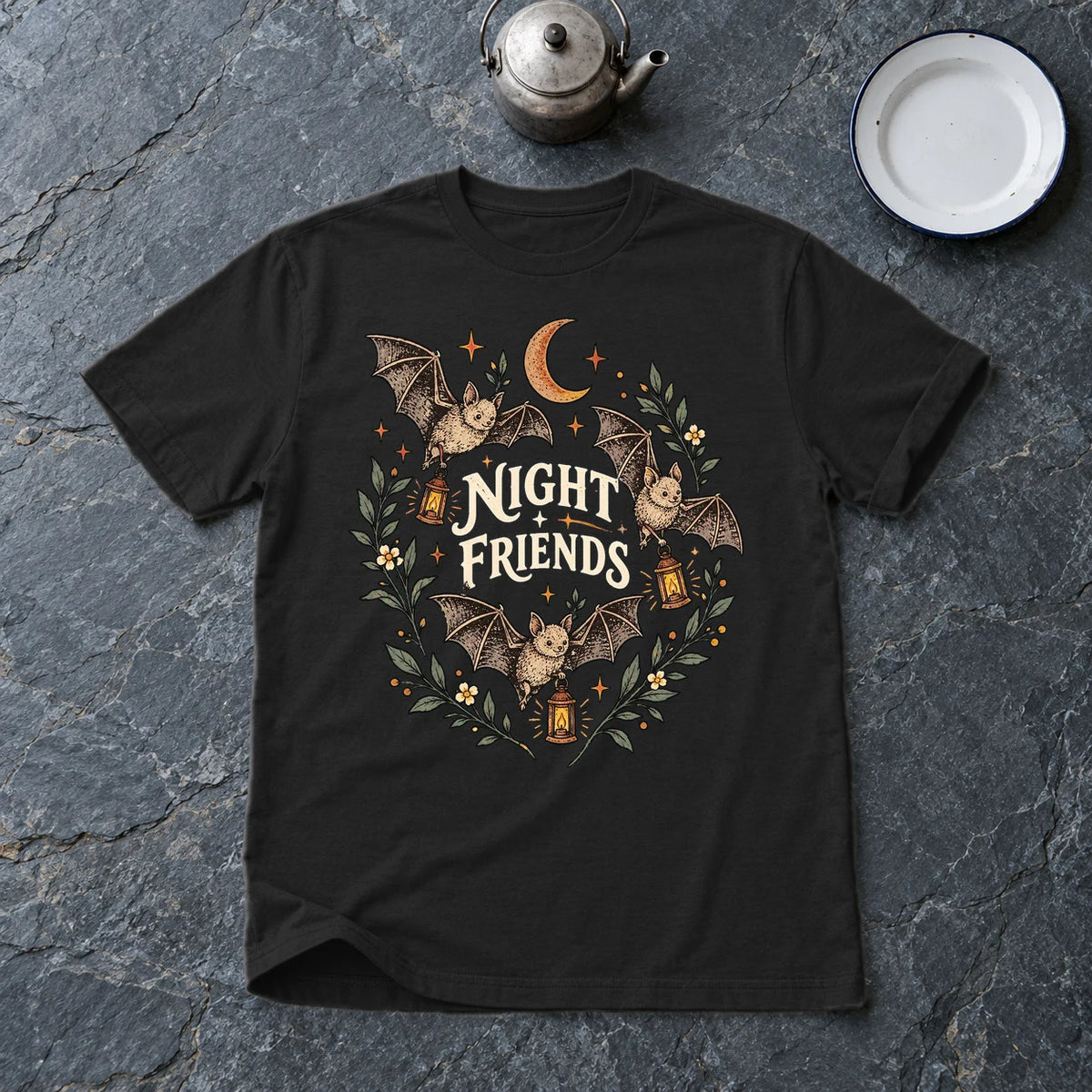 Night Friends Vintage Bats Graphic Tee on Black Everyday Soft Tee