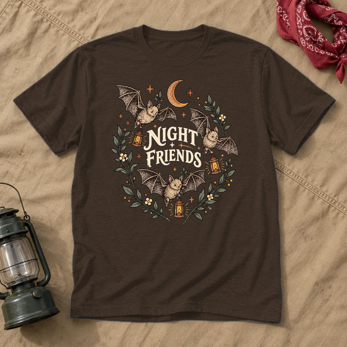 Night Friends Vintage Bats Graphic Tee on Dark Chocolate Everyday Soft Tee