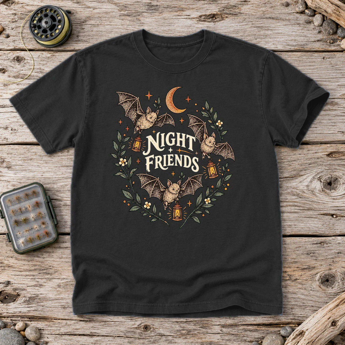 Night Friends Vintage Bats Graphic Tee on Black Premium Tee