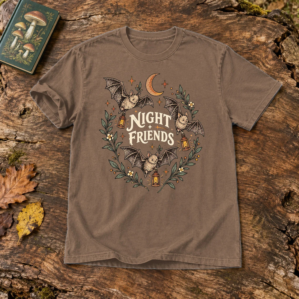 Night Friends Vintage Bats Graphic Tee on Espresso Premium Tee
