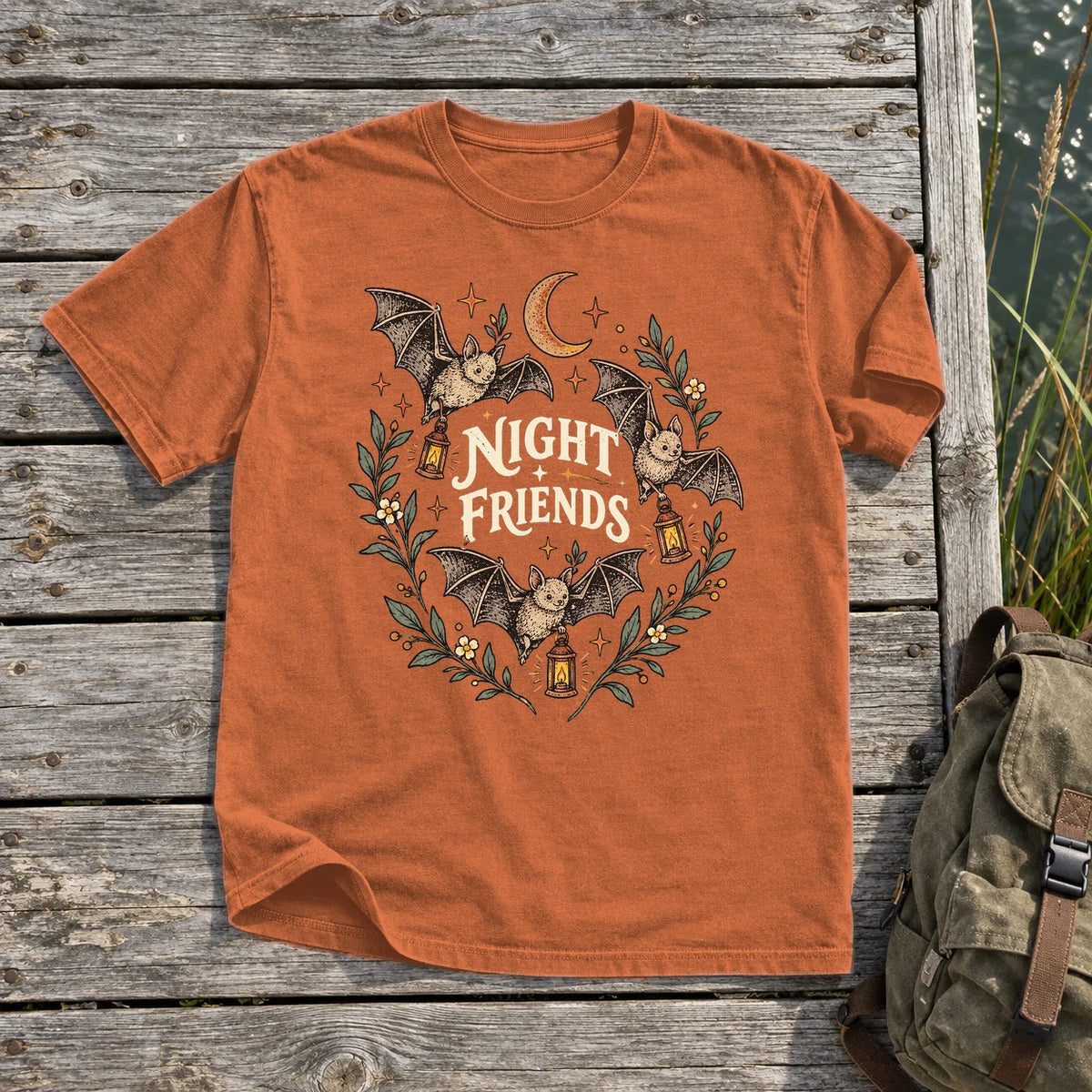 Night Friends Vintage Bats Graphic Tee on Yam Premium Tee