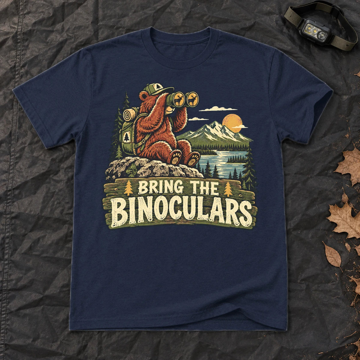Bring The Binoculars Bear Graphic Tee on Navy Everyday Soft Tee