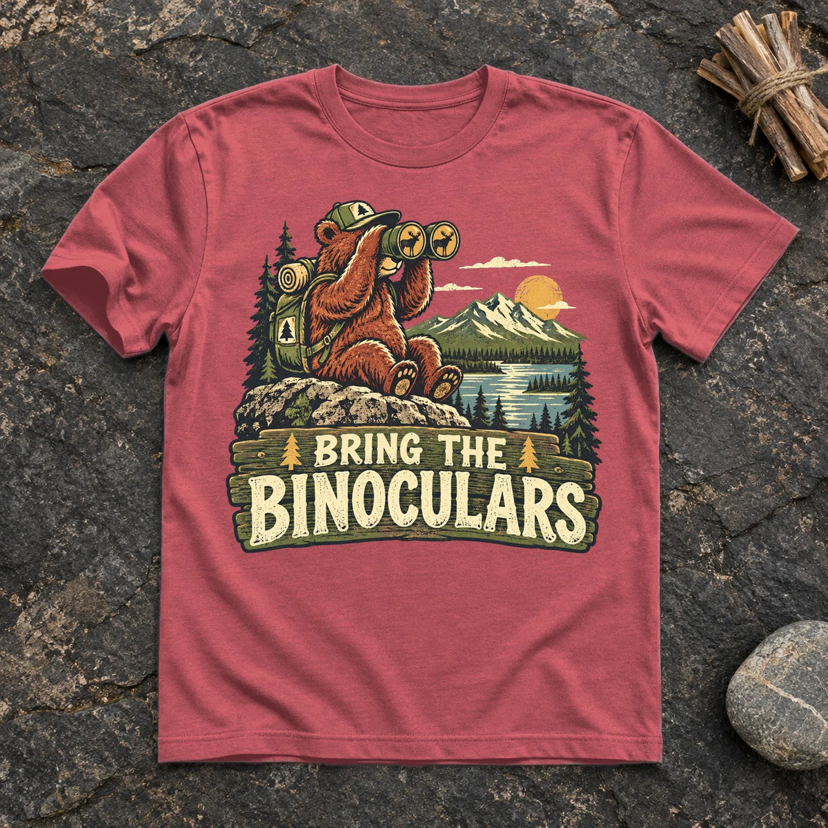 Bring The Binoculars Bear Graphic Tee on Heather Red Everyday Soft Tee