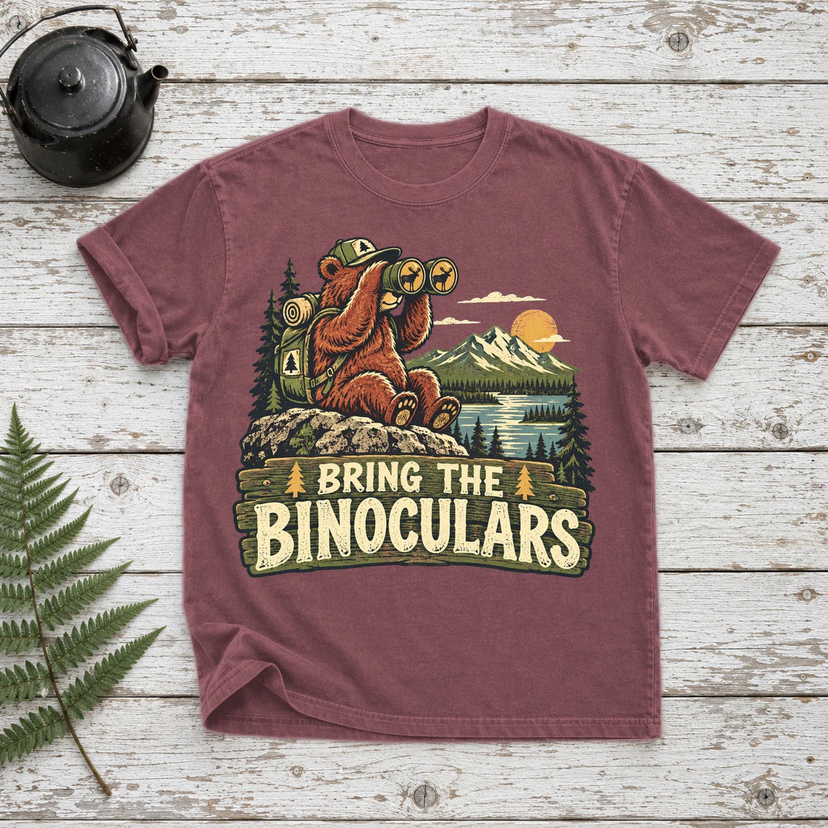 Bring The Binoculars Bear Graphic Tee on Brick Premium Tee