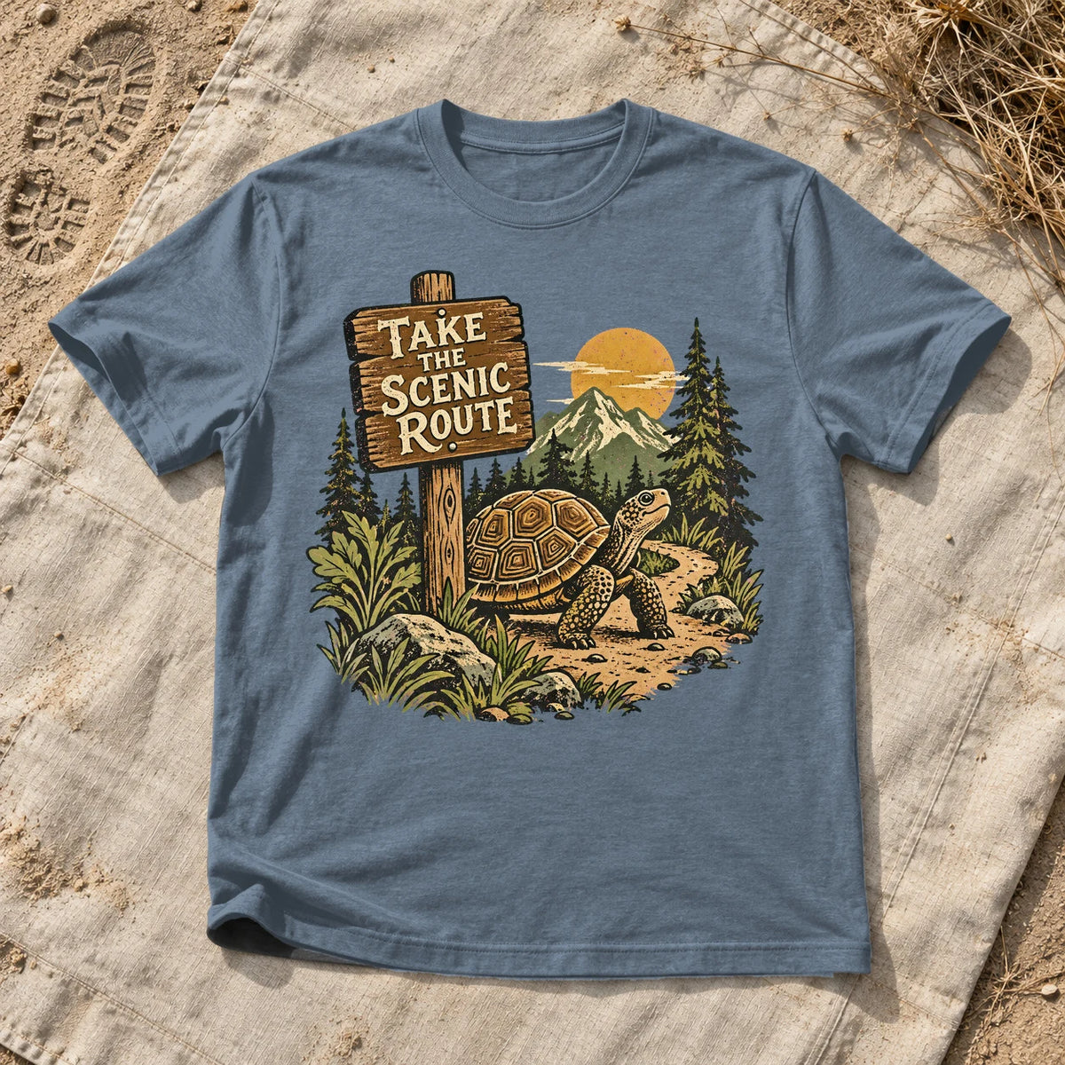 Take The Scenic Route Graphic Tee on Heather Indigo Everyday Soft Tee
