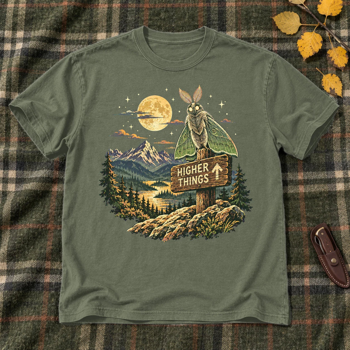 Higher Things Mountain Moth Graphic Tee on Military Green Everyday Soft Tee