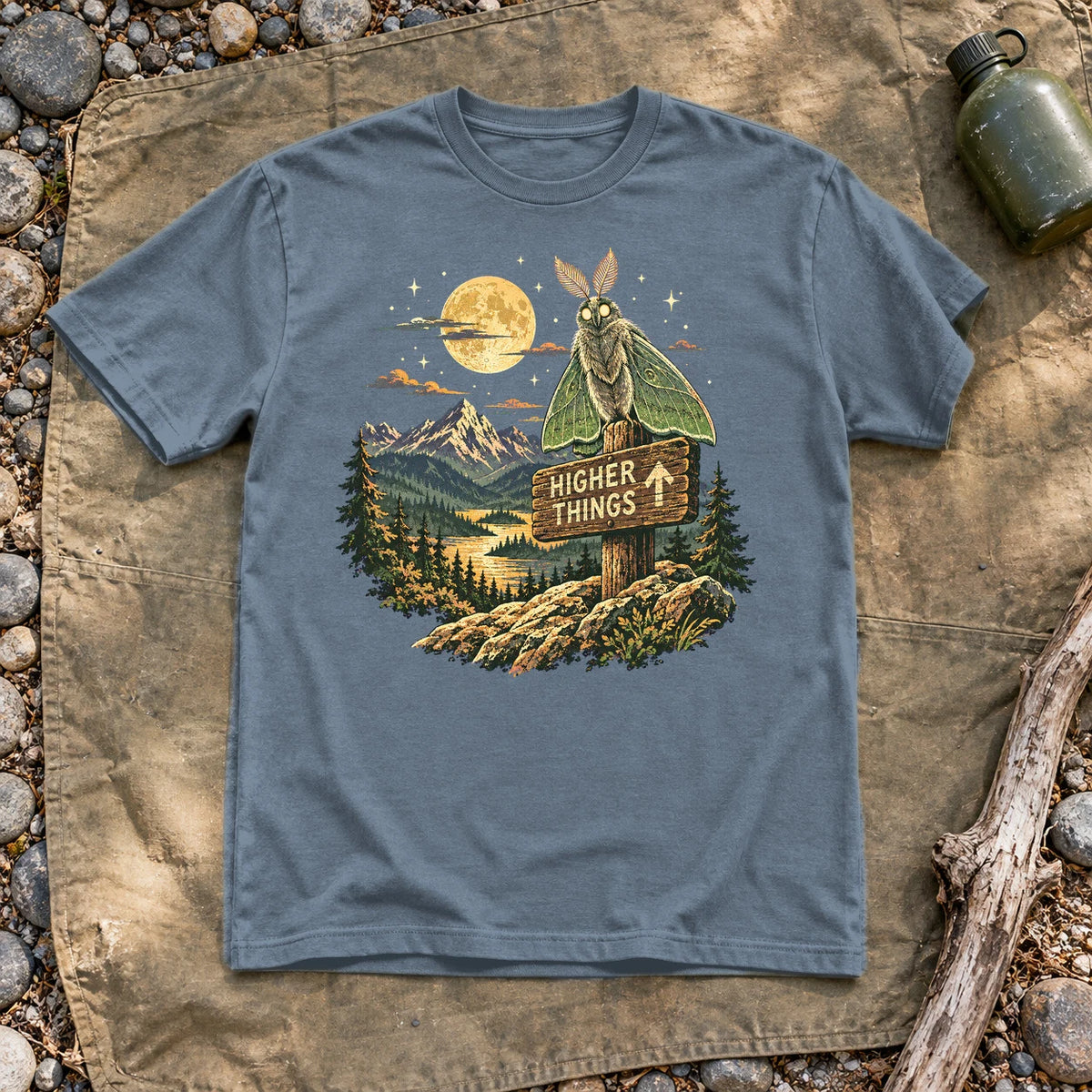 Higher Things Mountain Moth Graphic Tee on Heather Indigo Everyday Soft Tee