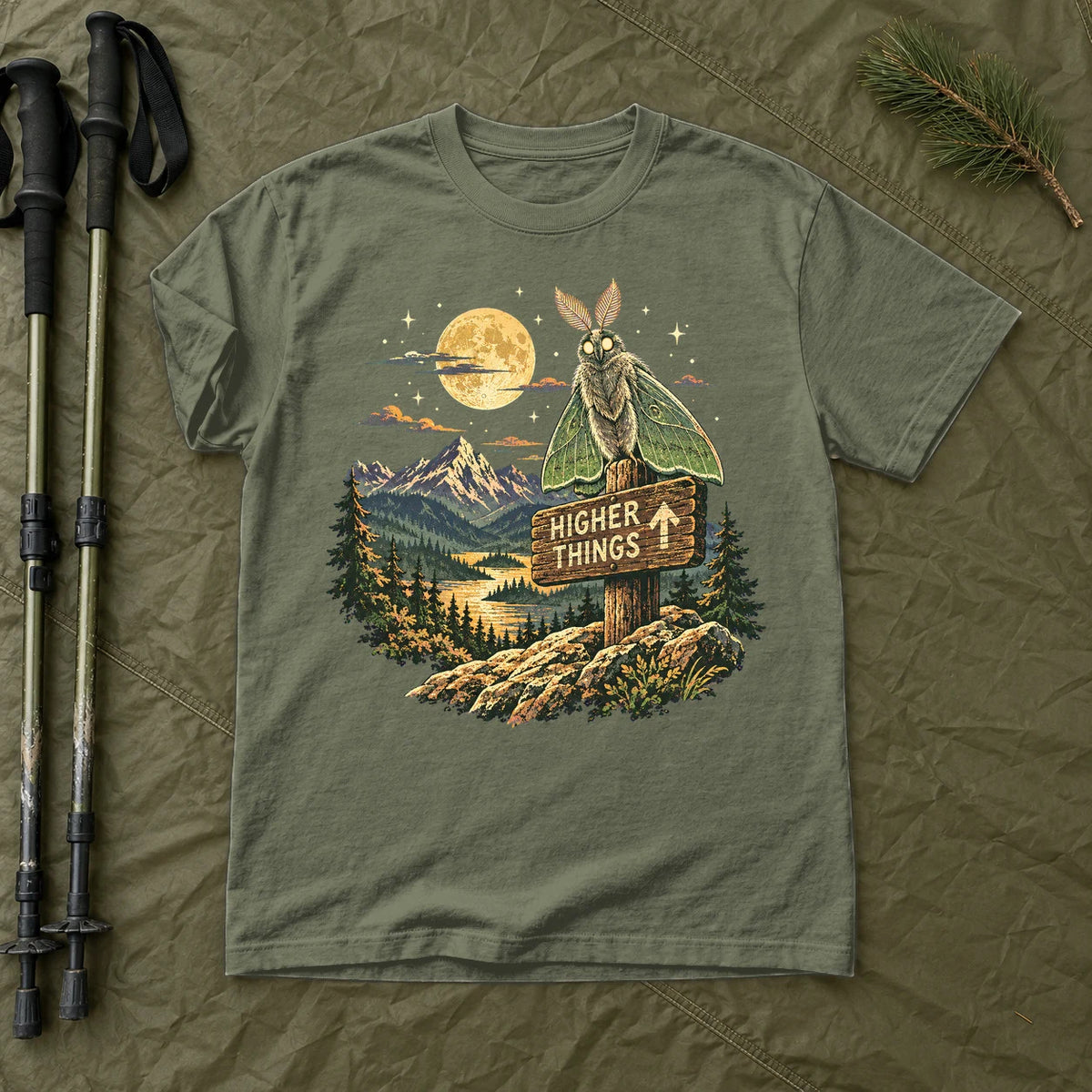 Higher Things Mountain Moth Graphic Tee on Moss Premium Tee