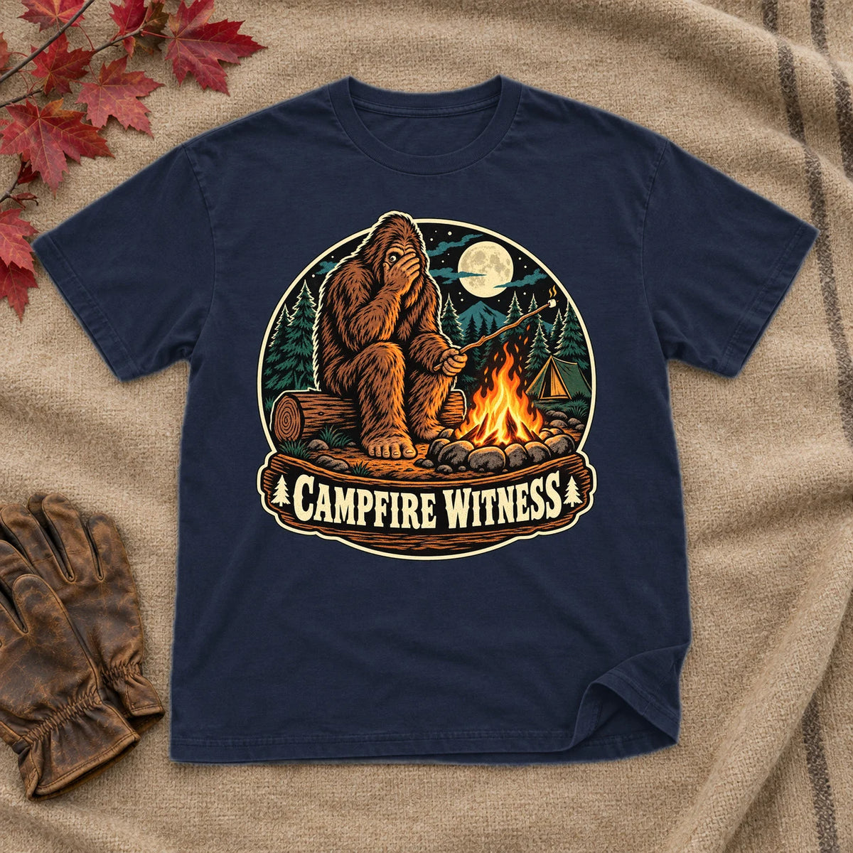 Campfire Witness Bigfoot Graphic Tee on Navy Everyday Soft Tee