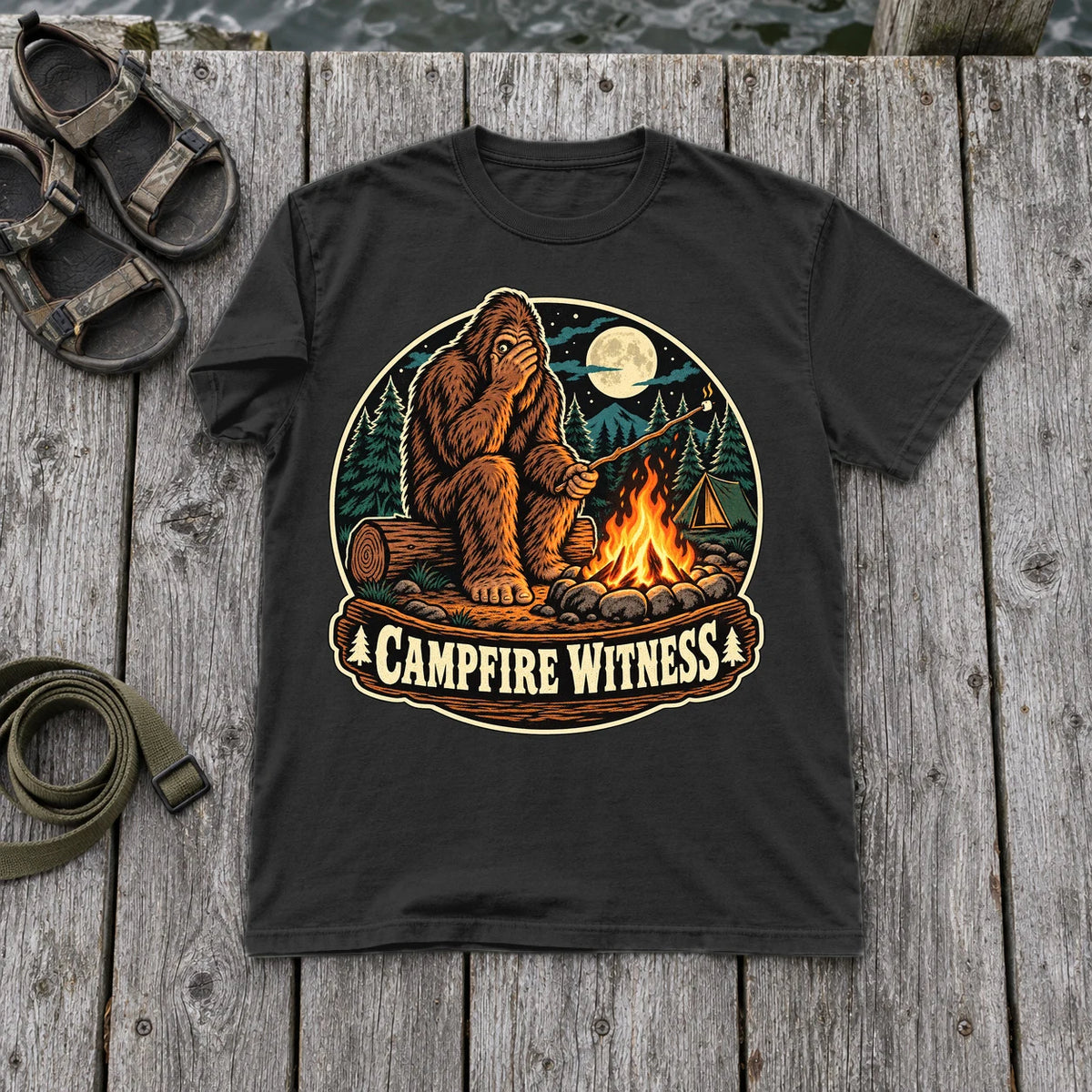 Campfire Witness Bigfoot Graphic Tee on Black Premium Tee