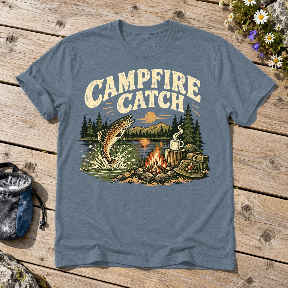 Campfire Catch Vintage Graphic Tee on Heather Indigo Everyday Soft Tee