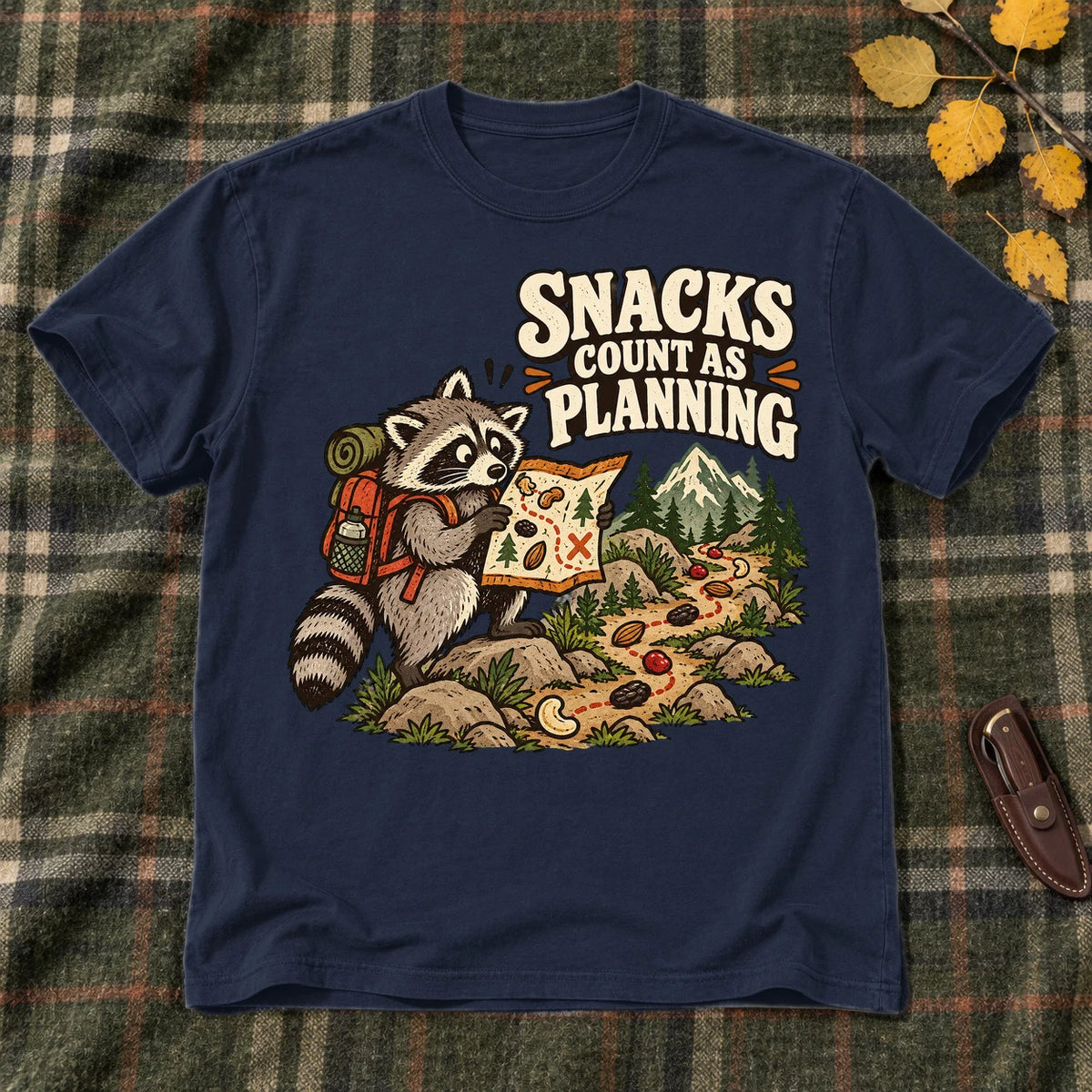 Snacks Count As Planning Raccoon Graphic Tee on Navy Everyday Soft Tee