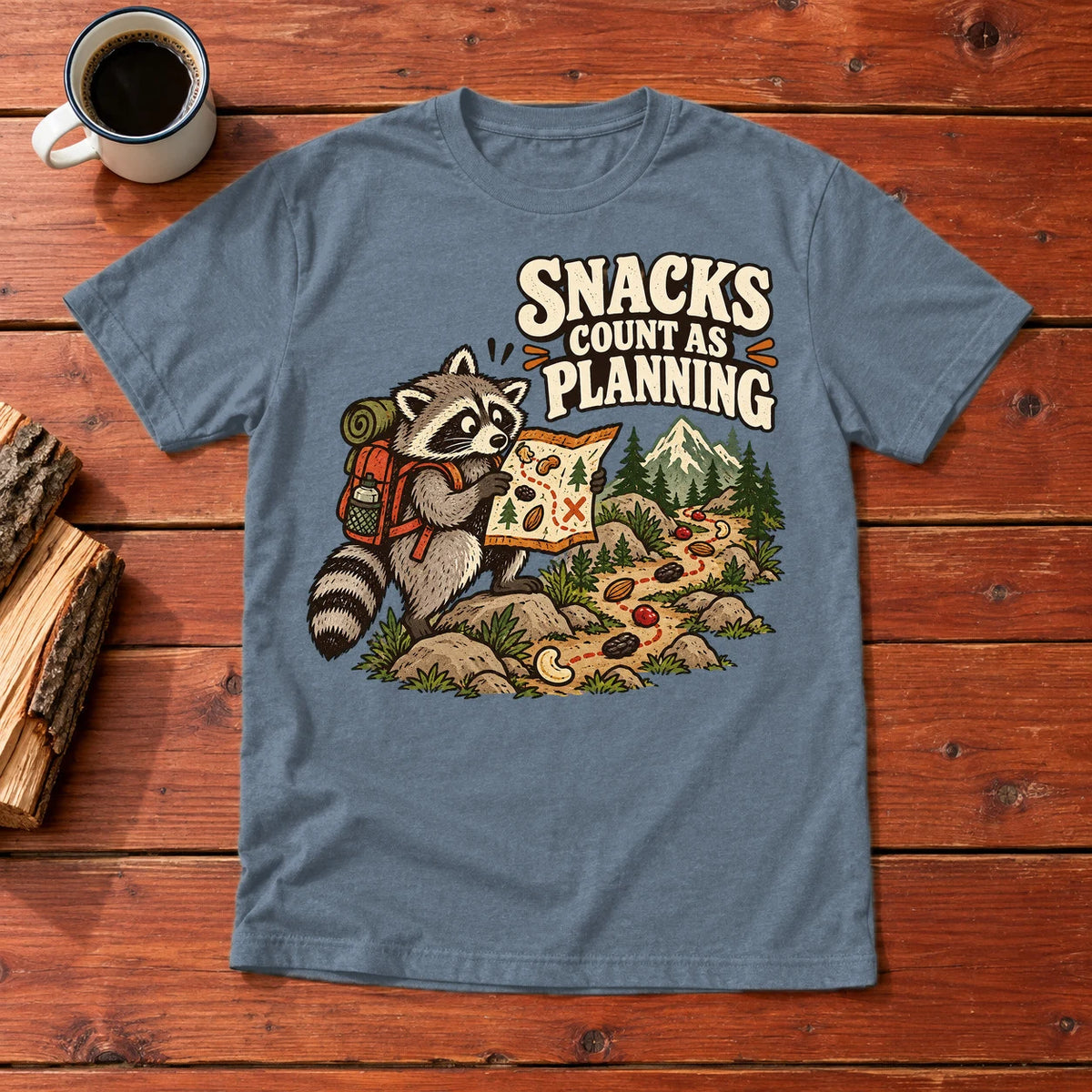 Snacks Count As Planning Raccoon Graphic Tee on Heather Indigo Everyday Soft Tee