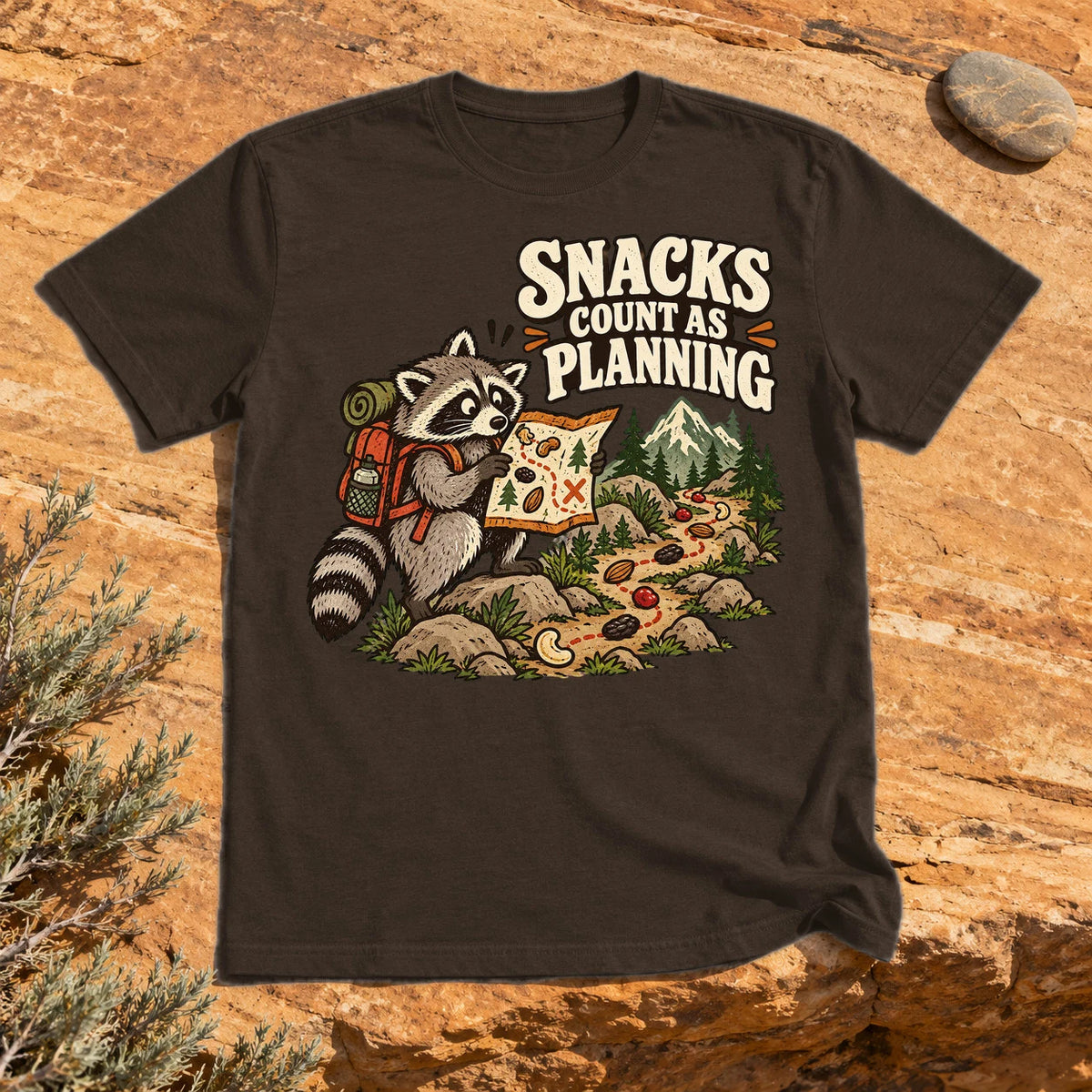 Snacks Count As Planning Raccoon Graphic Tee on Dark Chocolate Everyday Soft Tee