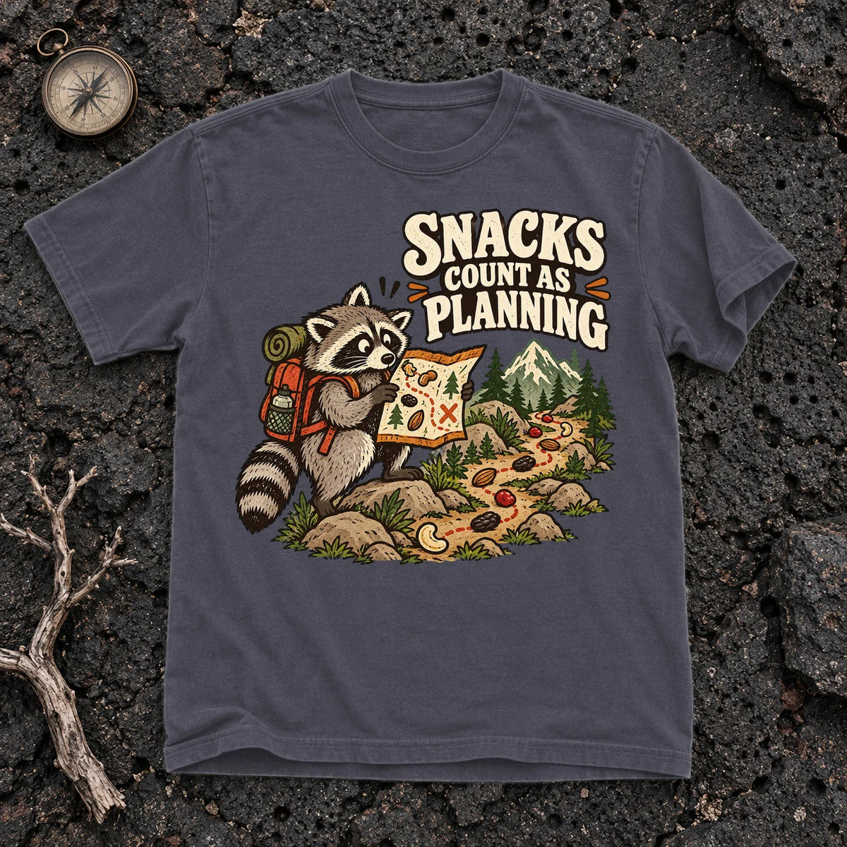 Snacks Count As Planning Raccoon Graphic Tee on Navy Premium Tee