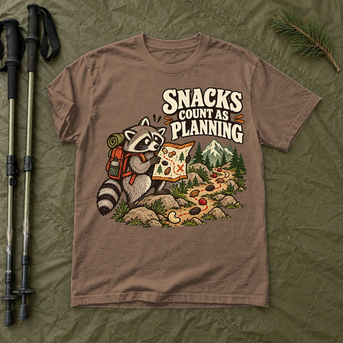Snacks Count As Planning Raccoon Graphic Tee on Espresso Premium Tee