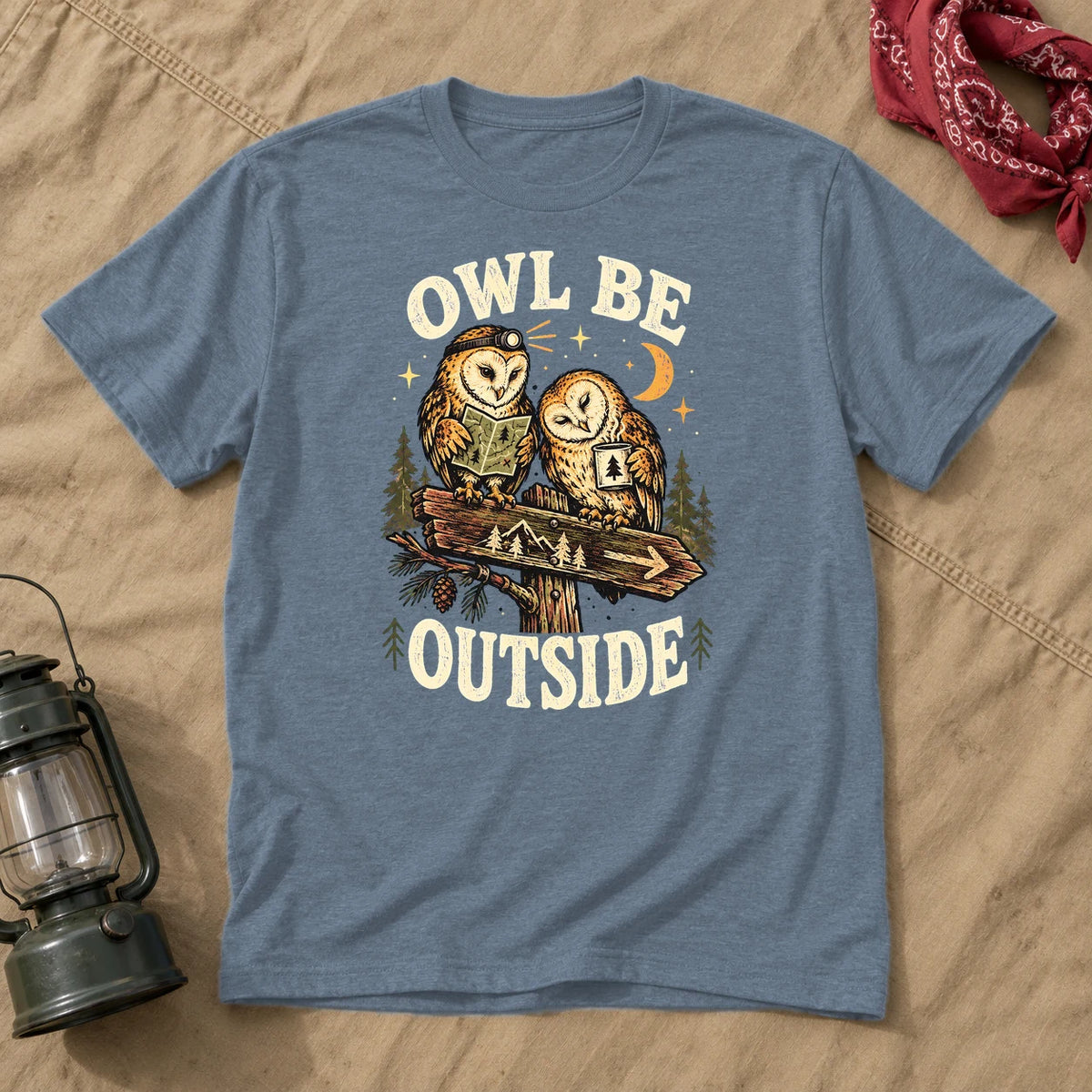 Owl Be Outside Vintage Graphic Tee on Heather Indigo Everyday Soft Tee