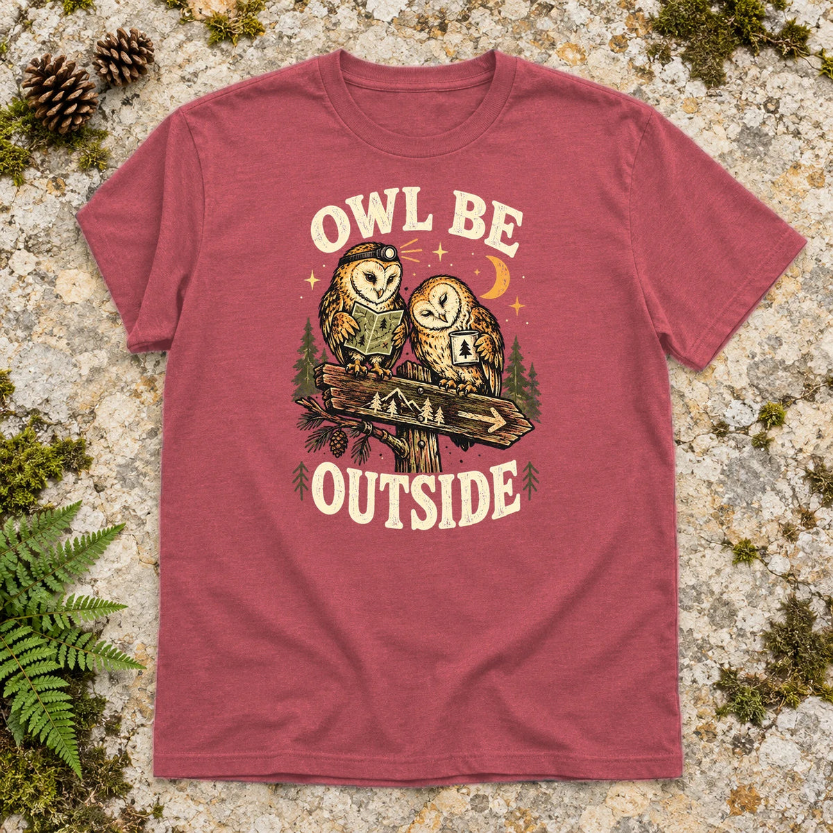 Owl Be Outside Vintage Graphic Tee on Heather Red Everyday Soft Tee
