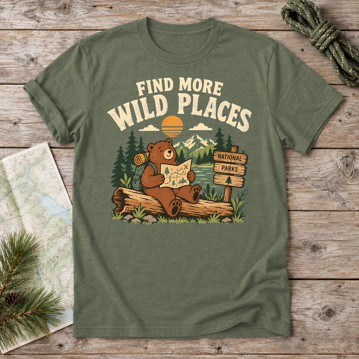 Find More Wild Places Bear Graphic Tee on Military Green Everyday Soft Tee
