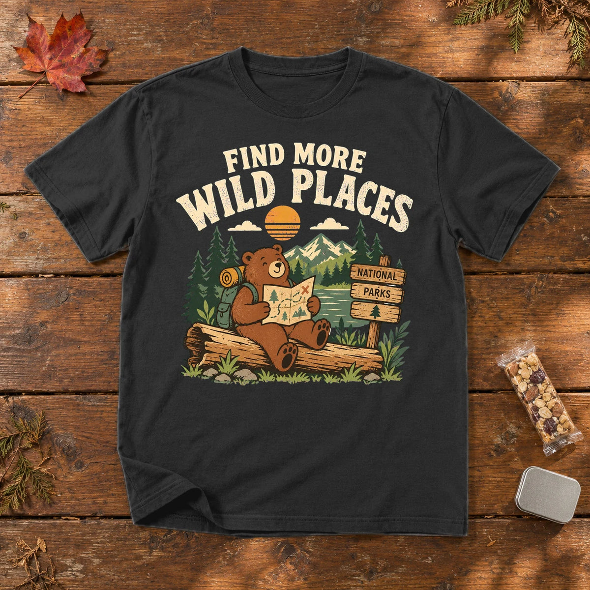 Find More Wild Places Bear Graphic Tee on Black Premium Tee