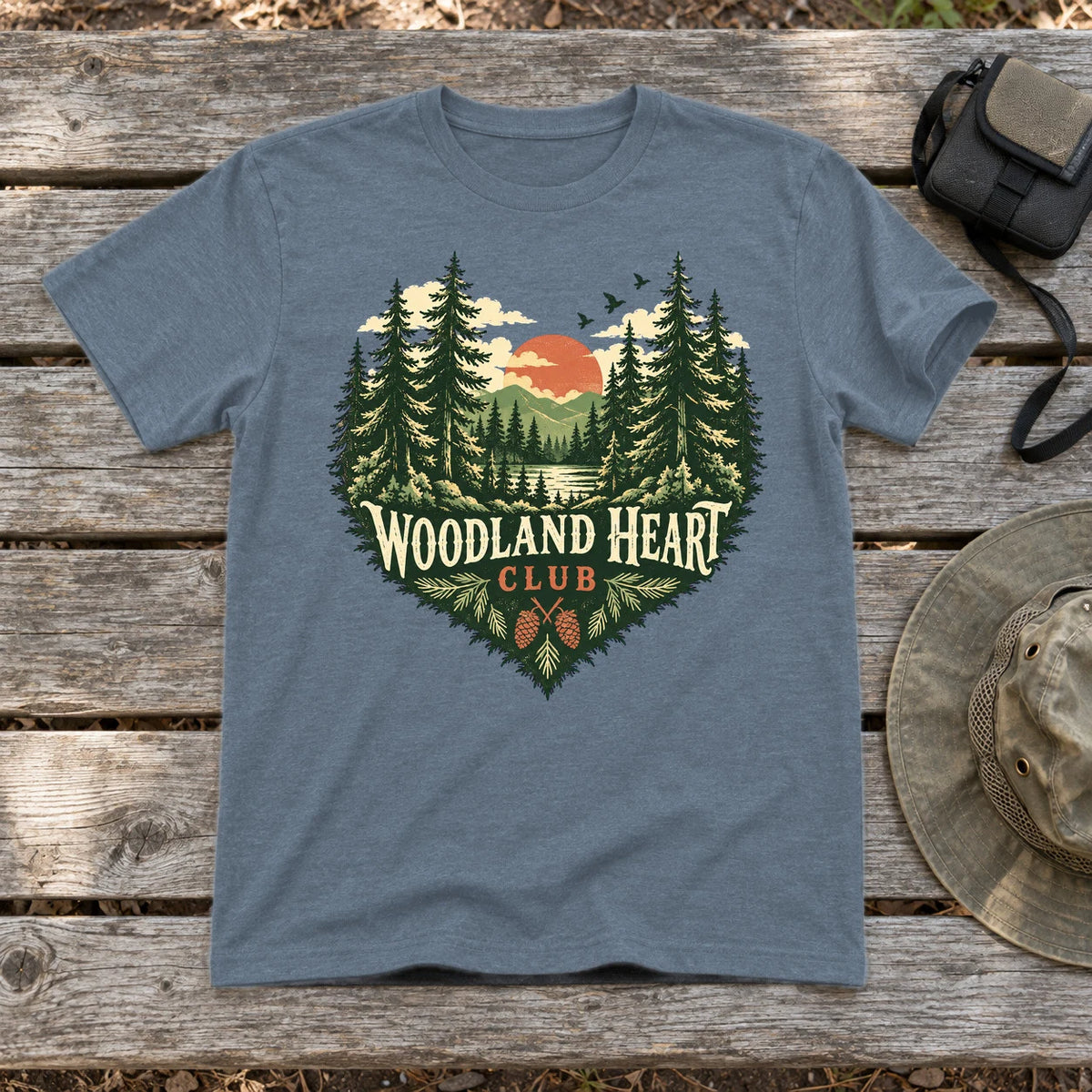 Woodland Heart Club Vintage Nature Graphic Tee on Heather Indigo Everyday Soft Tee