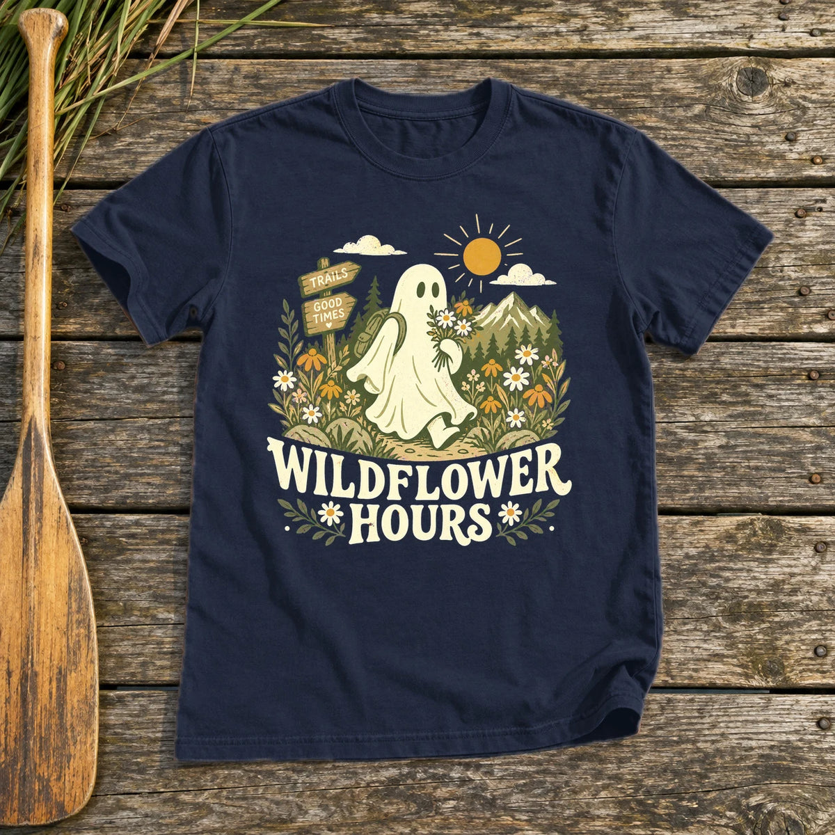 Wildflower Hours Ghost Hiker Graphic Tee on Navy Everyday Soft Tee