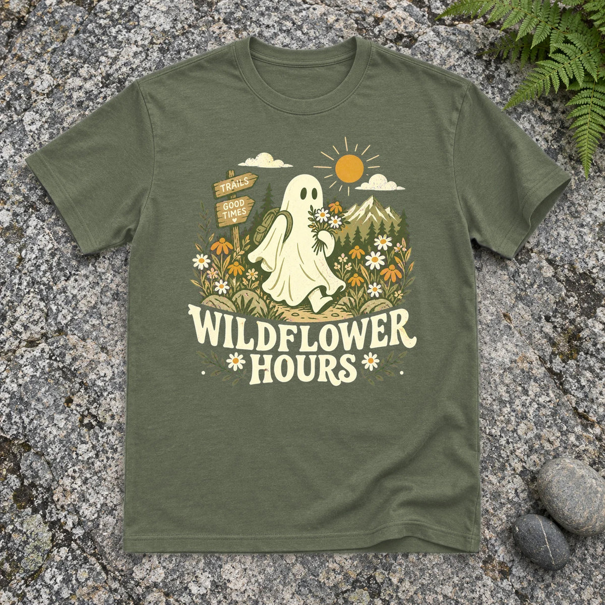 Wildflower Hours Ghost Hiker Graphic Tee on Military Green Everyday Soft Tee