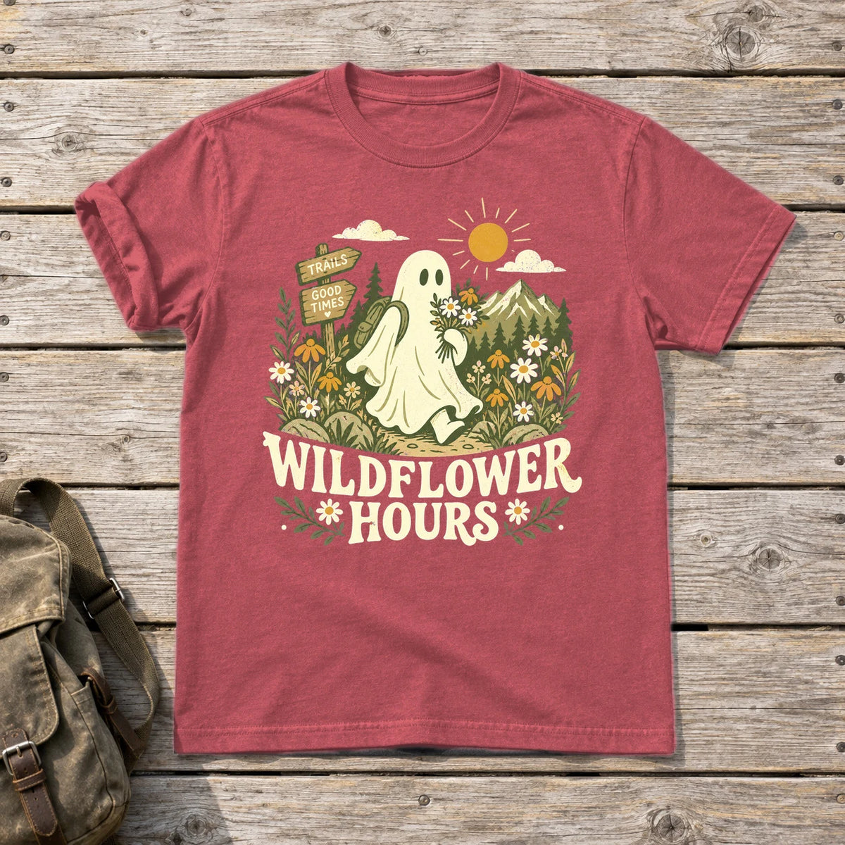 Wildflower Hours Ghost Hiker Graphic Tee on Heather Red Everyday Soft Tee