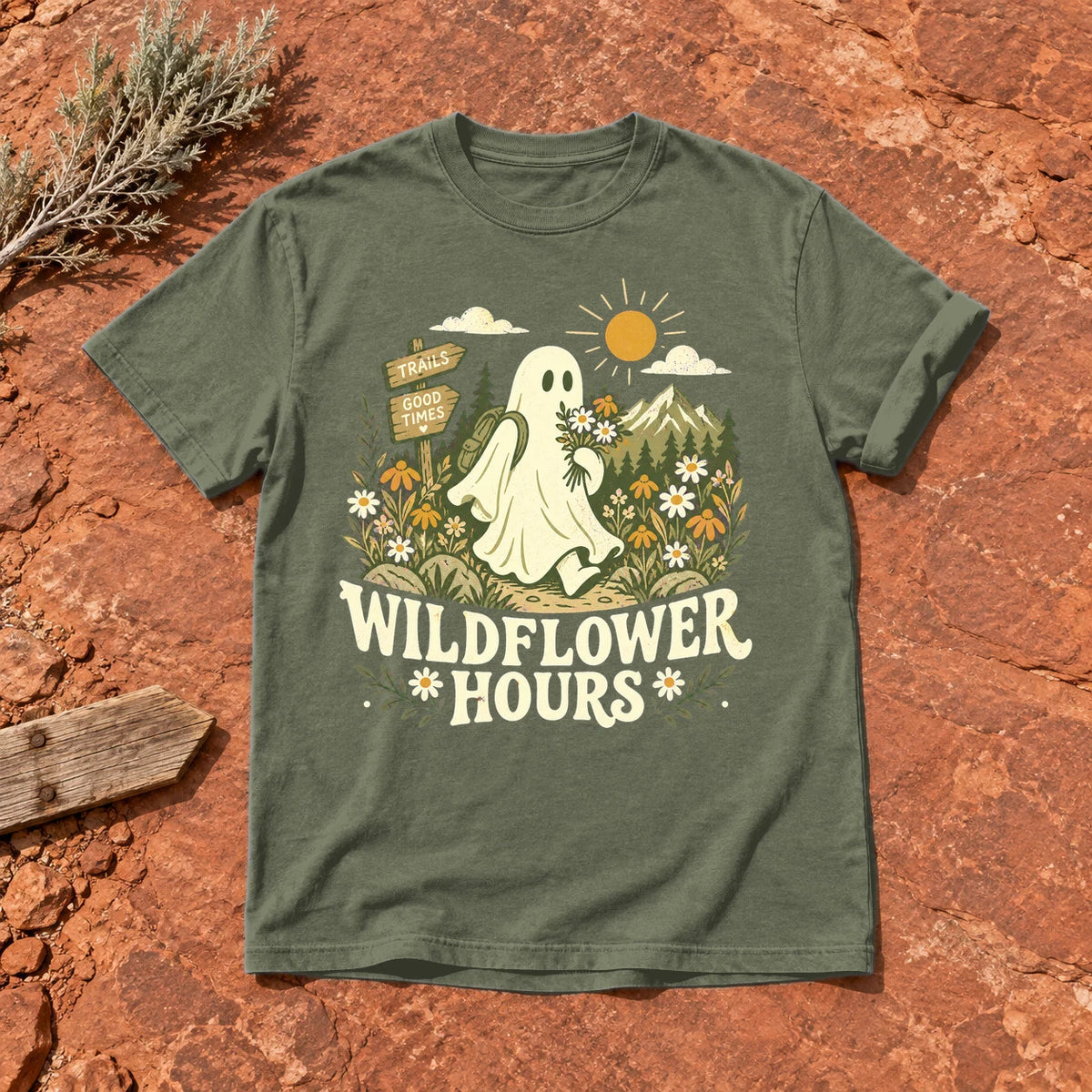 Wildflower Hours Ghost Hiker Graphic Tee on Moss Premium Tee