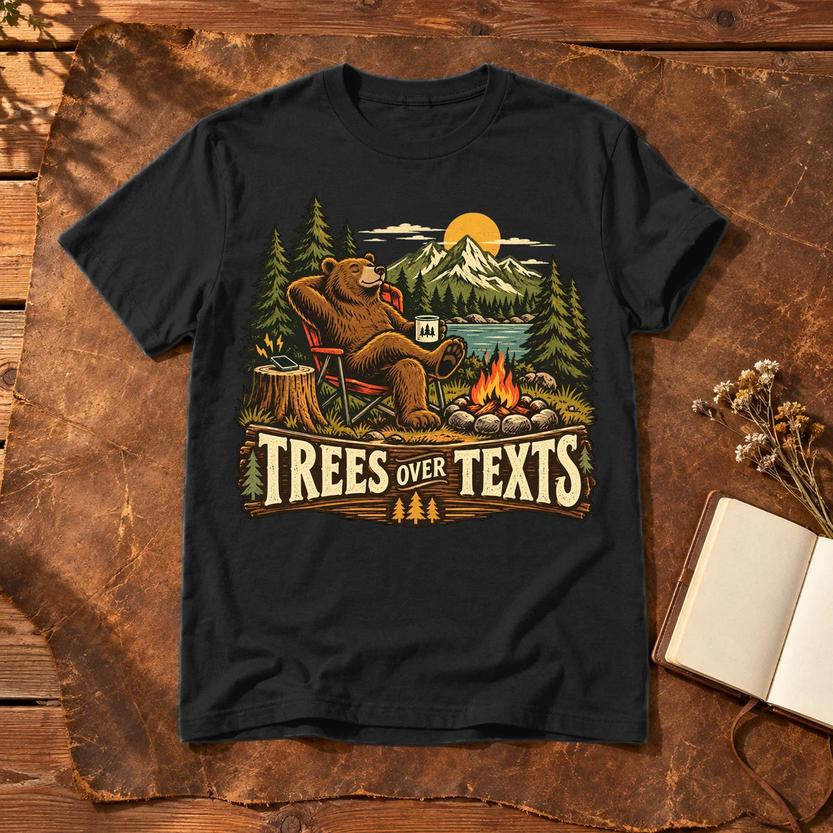 Trees Over Texts Camping Bear Graphic Tee on Black Everyday Soft Tee