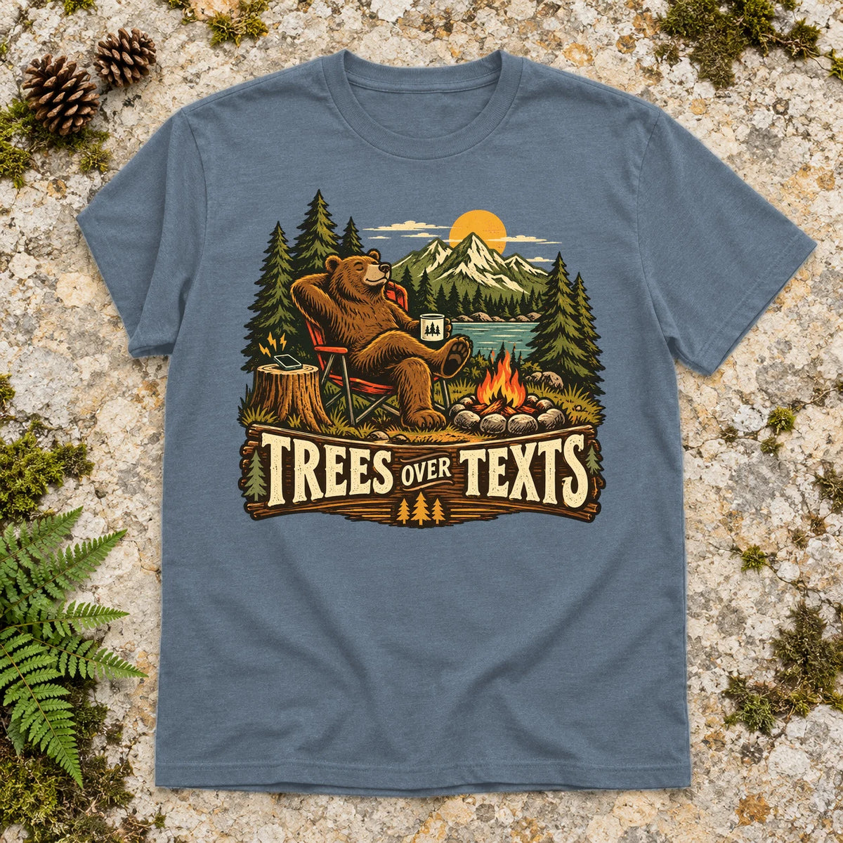 Trees Over Texts Camping Bear Graphic Tee on Heather Indigo Everyday Soft Tee