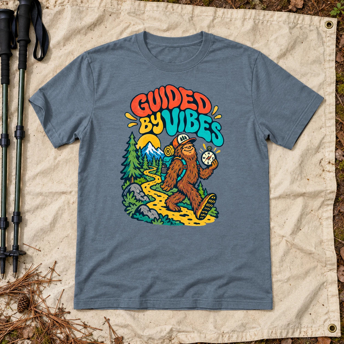 Guided By Vibes Bigfoot Graphic Tee on Heather Indigo Everyday Soft Tee