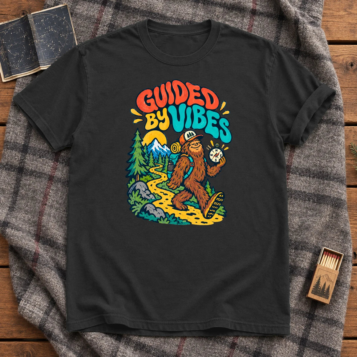 Guided By Vibes Bigfoot Graphic Tee on Black Premium Tee