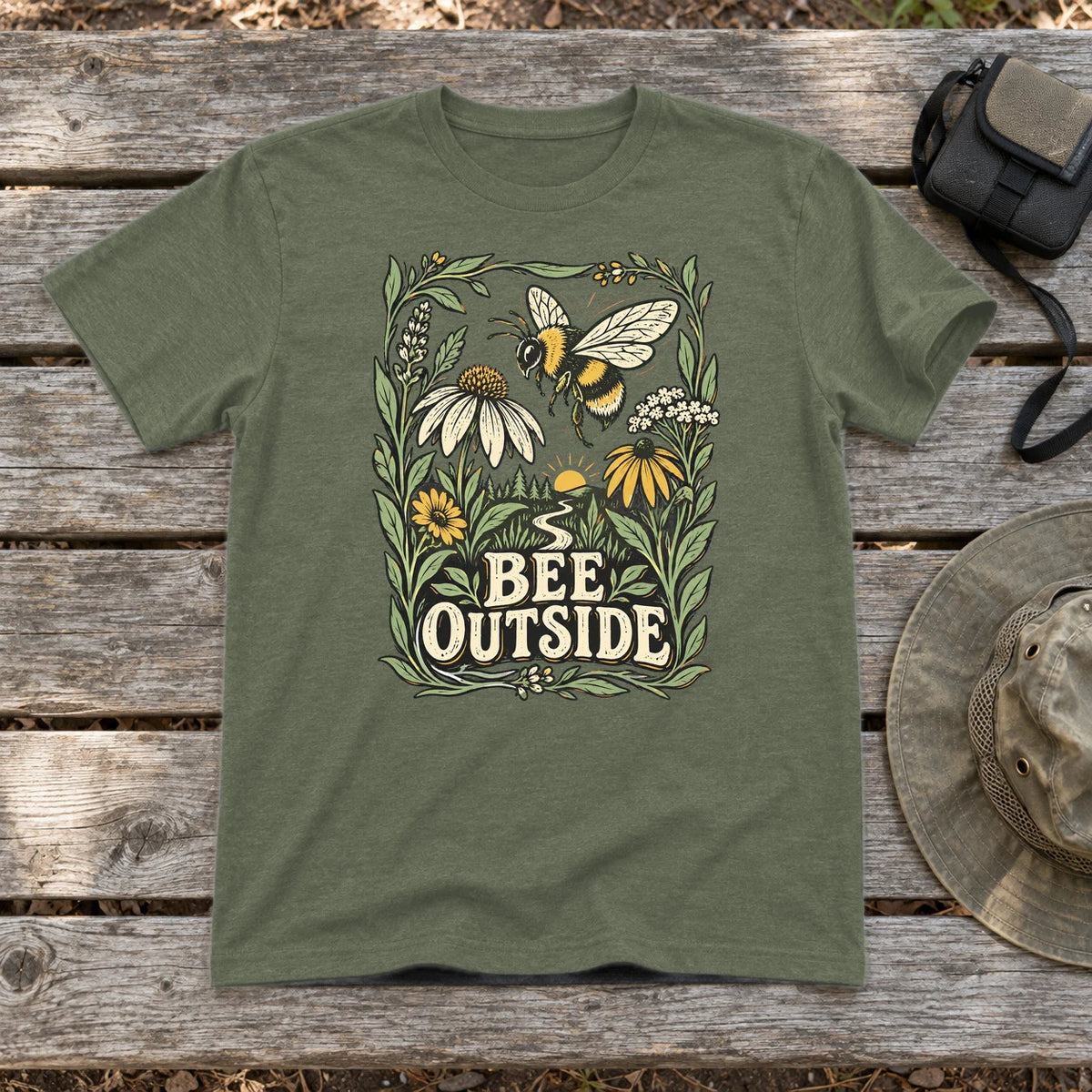 Bee Outside Vintage Botanical Graphic Tee on Military Green Everyday Soft Tee
