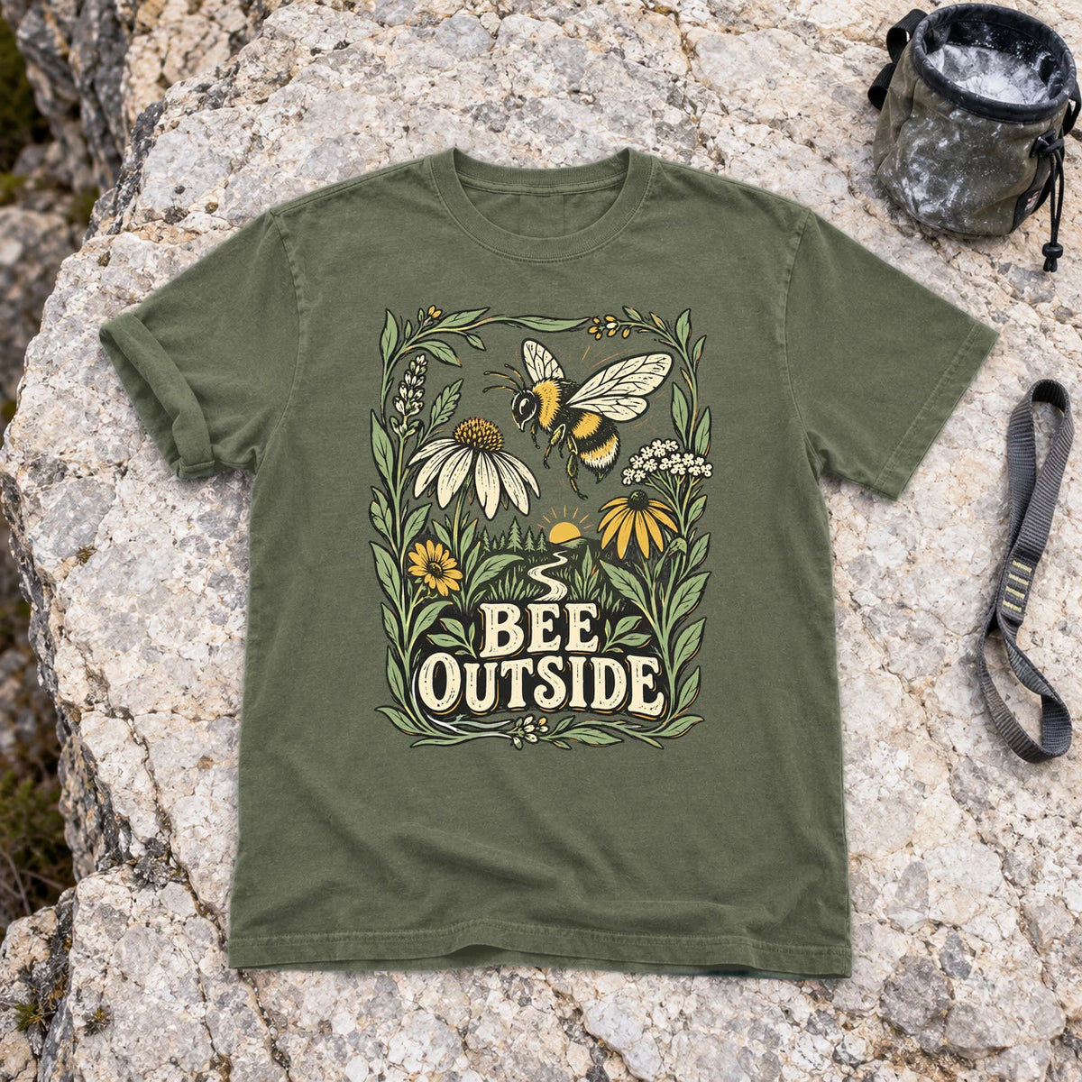 Bee Outside Vintage Botanical Graphic Tee on Moss Premium Tee