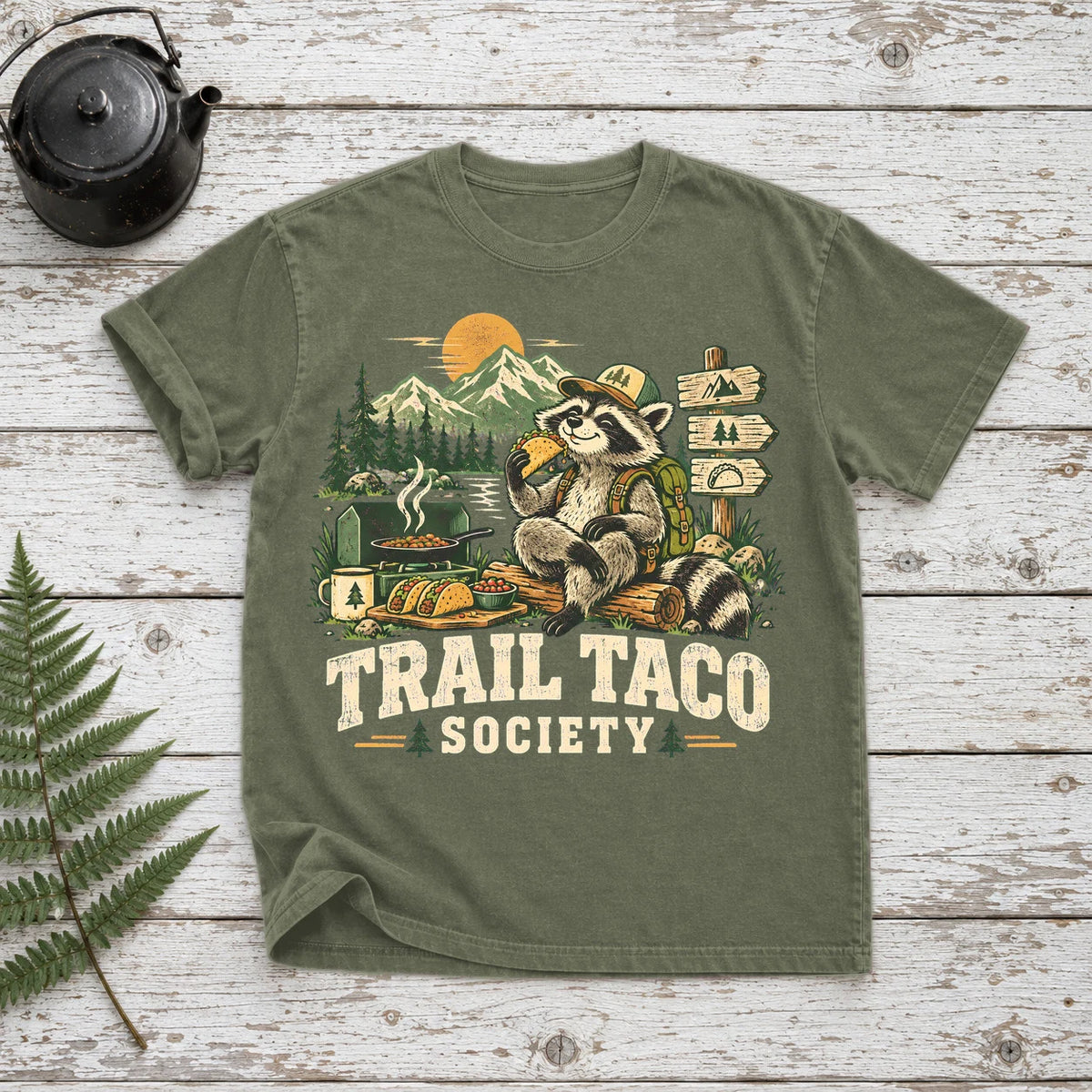 Trail Taco Society Graphic Tee on Moss Premium Tee
