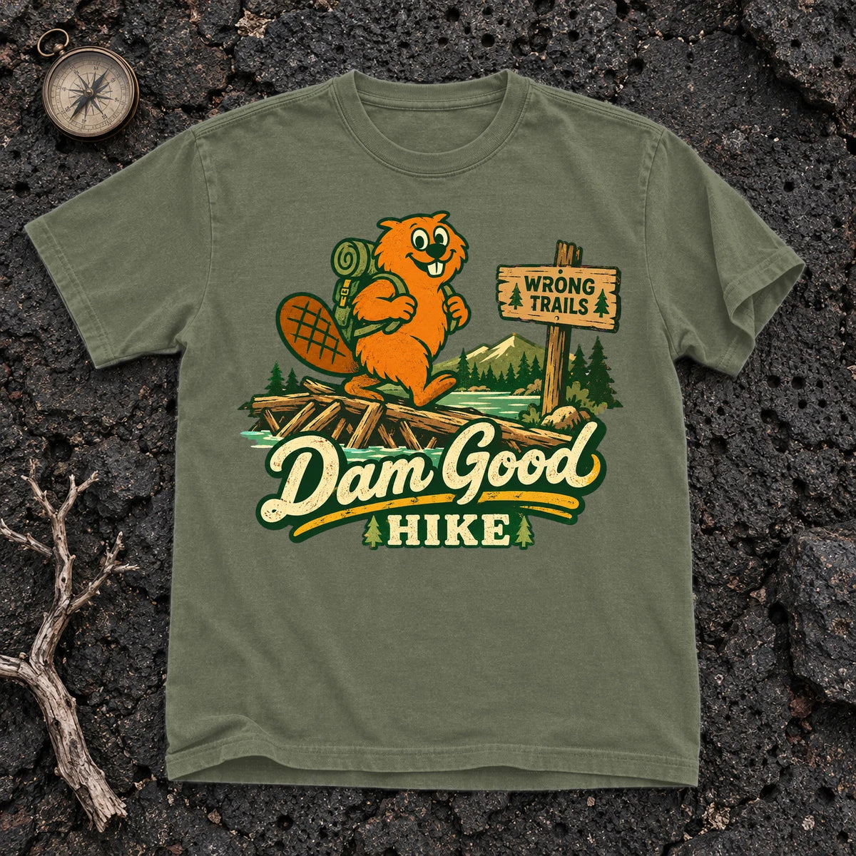 Dam Good Hike Beaver Graphic Tee on Moss Premium Tee